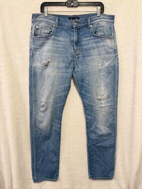 7 For All Mankind Jeans Mens 36 x  31 Adrien Light Blue Straight Distressed